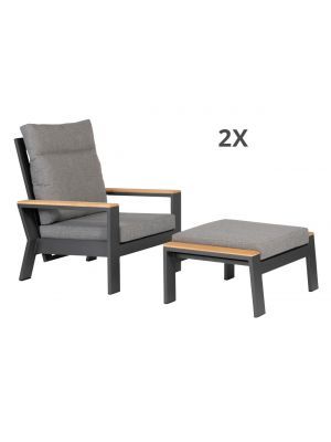 Exotan Valerie SET: 2 x Loungestoel + 2 x Voetenbank - Antraciet - Grijze Kussens