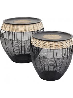 Kare Design African Drums Bijzettafel - Set van 2 - Zwart Metaal/Rotan