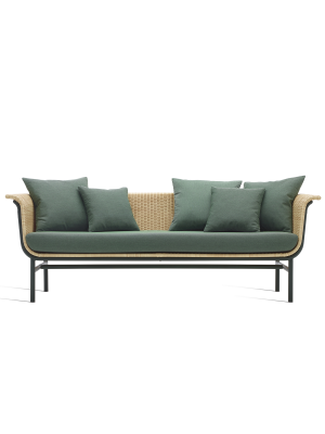 Vincent Sheppard Wicked 3 zits Outdoor Lounge Bank - Naturel Rotan - Forest Green kussens
